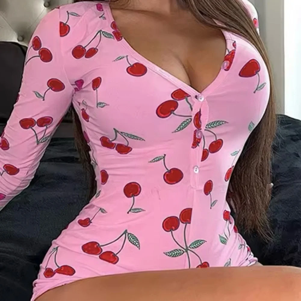 Pink Cherry Long Sleeve Romper Sleepwear Girly Pajamas